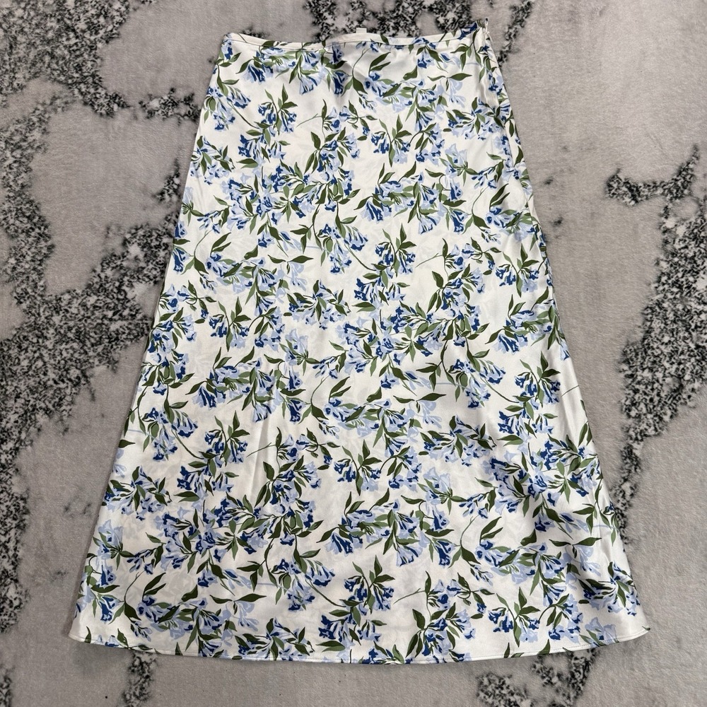 Club Monaco Womens Sz 2 Silk Floral Midi Skirt Blue White Green Bias Slip Style